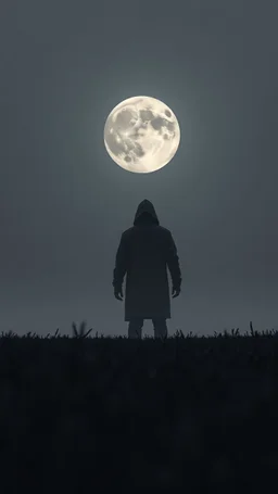 A field of random people at the end of the picture gray background an giant dark shadow of hooded human figure standing in under blurry moon cinematic, 8k