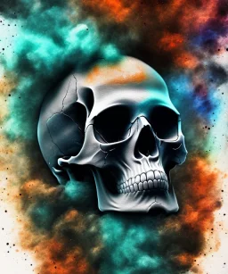 realistic skull. watercolor and ink. black background. smoke and explode. particles in air. teal and orange