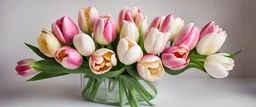 Tulips bouquet with white and pink colorful flowers. Present for March 8, International Women's Day. Holiday spring decor. Photographed on Canon EOS 5D Mark III