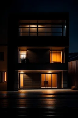Fachada de una casa mínimalista con iluminación cálida en una tarde noche