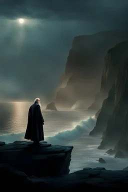 professor dumbledor standing on top of a cliff, dawn, light barely shining through, sea battering the cliff wall