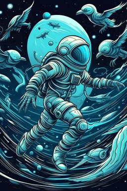 astronaut in space with flying blue alien birds runing after him