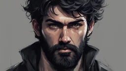 (masterpiece), best quality, expressive eyes, perfect face, Men, 38 years, 176 cm tall, Short black hair, messy hairstyle, black bearded beard, (masterpiece) draw, horror art style, dark horror style, serious face