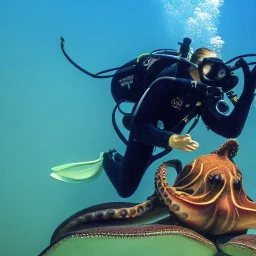 Diver riding a big octopus