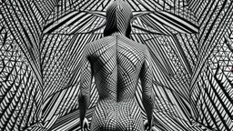 An abstract black and white image showing a person with their body patterned with geometric shapes and lines, creating a striking optical illusion effect.