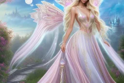 castle in background, beautiful, soft, big smiling, straight and long blonde hair, dewy and shiny atmosphere, diamond crown, long fairy wings in the back, full head, pink veil clothes