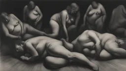 A haunting charcoal drawing capturing bodies in the dark, fat and thin and hunched, with intricate shading and depth