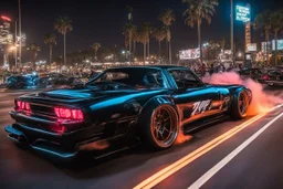 car with souped up hydraulics bouncing up and down during a night street racing gathering at a Los Angeles street, car's wheels are off ground, neon, fast and furious aesthetic, glamorous onlookers, photograph