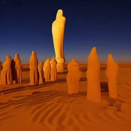 Many parabolas standing in line in front of an ancient statue in Sahara at night by Chris moss