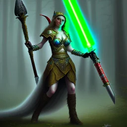 Warhammer style art, Elf princess with giant axe and light saber