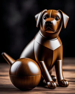 A dog made from mahogany wood playing with a mahogany wooden ball