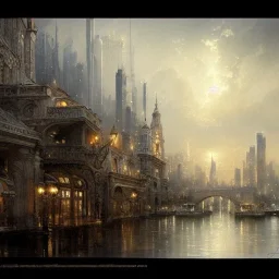 2d Skyline , Beaux Arts architecture,interior design,medium long shot,by Jean Baptiste Monge, brilliant stunning, intricate, meticulously, detailed, dramatic atmospheric, maximalist digital matte painting