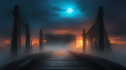 walking straight ahead over a wooden bridge, holding the angel of death with your right hand, entering the fog at the end of the road that leads to the afterlife, and a beautiful sunset and galaxy's behind the fog, realistic