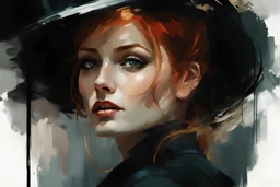 athletic petite pale russian redhead woman 30yo, long eye lashes, eye shadow, eye liner, by a 50s diner smiling :: dark mysterious esoteric atmosphere :: digital matt painting with rough paint strokes by Jeremy Mann + Carne Griffiths + Leonid Afremov, black canvas, dramatic shading, detailed face