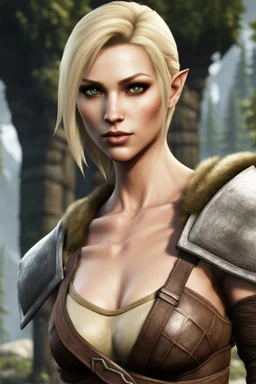 A female bosmer barbarian from Skyrim, blonde, short hair, brown eyes