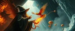 pin hole cam, fire smoke and fog and light rays, phoenix jellyfish octopus space ship bird witch in icy waterfall looks beyond really powerful slapping a bird in the face with fire, fantasy illustration, in the style of Rembrandt