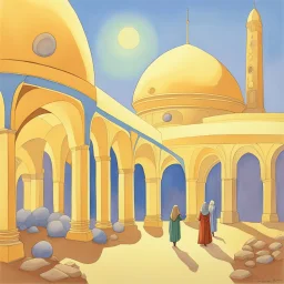 art by "Canan Berber", painting, landscape , Feigned The City with arches and domes, at Dawn, Illustration, Hopeless, 70s Science Fiction, Provia, overly complex style