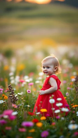 A baby girl with a red dress standing in beautiful colorful meadow of wild flowers floral background, landscape with white or pink flowers with sunset and blurred background. Soft pastel Magical nature copy space evening not bright