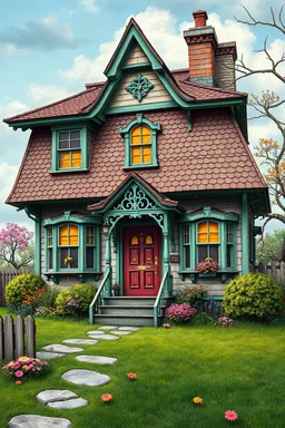 full color detailed image of an vintage whimsical house