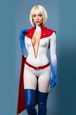 platinum blonde headed woman, crew cut style, wearing an extremely, extra short, skintight, formfitting long-sleeved, white bodysuit with a high collar and a plunging neckline, blue elbow-length gloves, a red belt with a gold buckle, a red collerless cape, knee-high blue boots