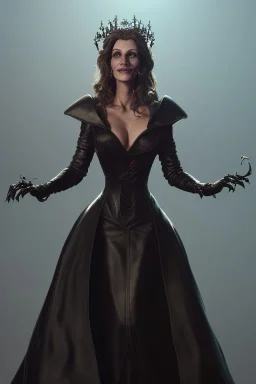 Julia Roberts as evil queen in black leather gown, evil, busty, cleavage, curvy, angry, stern look. character design by cory loftis, fenghua zhong, ryohei hase, ismail inceoglu and ruan jia. unreal engine 5, artistic lighting, highly detailed, photorealistic, fantasy