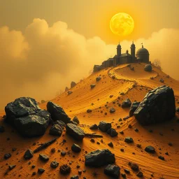 A wasteland with village on the top of a hill, creepy, details of the dust very accentuated, glossy organic mass, adorned with minerals and rocks. Decal, bas-relief. Bathed in intense light, eerie, Max Ernst style, black sun, fog