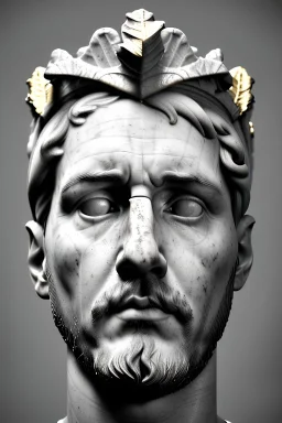 Ultra Realistic image, classical renaissance sculpture, white marble material, Lionel Messi, emperor style, gold Laurel leaves crown, miguel angel style, chisel style, emperor, waist up portrait, epic, celestial, cinematic lighting, God light, god rays, 4k resolution, smooth details, ornate details, soft lighting, unreal engine 5, sky background.