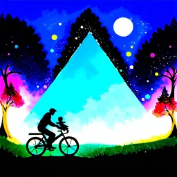 create a poetic dreamlike painting in the style of Marc Chagall, geometric family of father, mother, and baby riding a bicycle through a magical night forest, glowing triangular trees and colorful circles floating like stars, large luminous moon overhead, painterly textures with deep blues and purples, surreal and emotional atmosphere --ar 16:9 --v 7 --style 4b --q 2