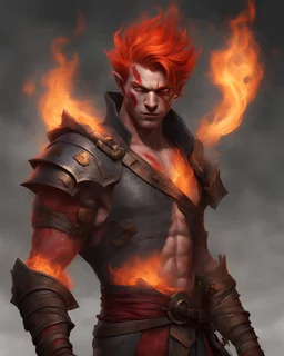 Make a man, fire genasi are feverishly hot as if burning inside, an impression reinforced by flaming red, coal- black, or ash-gray skin tones. The more human-looking have fiery red hair that writhes under extreme emotion, while more exotic specimens sport actual flames dancing on their heads. They have marks all over their body, lines that connect from their feet to their arms.Fire genasi voices might sound like crackling flames, and their eyes flare when angered. Some are accompanied by the fai