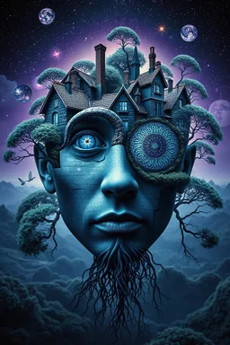 A hyper-detailed, surreal photographic composition blending impossible geometries with organic elements. At the center, a fragmented human face emerges from a village landscape, its features dissolving into: Architectural absurdity: Floating cottages with lace-like brickwork Celestial interference: Constellation patterns etched into skin pores Natural surrealism: Trees growing through eyeballs, roots forming mathematical fractals The scene glows with an eerie luminescence (deep indigo to violet