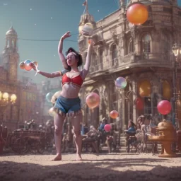 Ultra realistic circus scene. Classic acrobat woman, waist up view, Wes Anderson style, happy, bubbles, highly detailed, concept art, unreal engine 5, god rays, ray tracing, RTX, lumen lighting, ultra detail, volumetric lighting, 3d, finely drawn, high definition, high resolution.