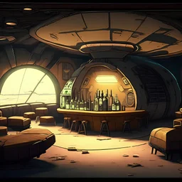epic, anime style, high detail, no people, nobody, a fortified Luxurious lounge bar in underground post-atomic shelter
