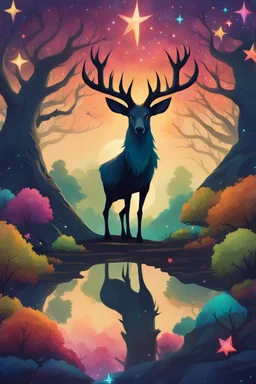 A 🦌=A. legendary hybrid He stands on a strange land of monsters. And trees. The sky is decorated with colorful stars