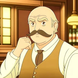 A fat balding Italian man with mustache in a tavern anime