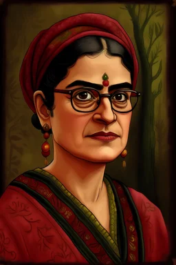 Portrait of Sabeen Habeeb off Coronation Street, in the style of a Frida Kahlo painting.