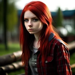 cute girl, age 25, dystopian, angry, lumberjack, dark red hair