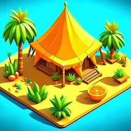 create a orange fruit into cartoonist hut style model isometric top view for mobile game bright colors render game style desert style