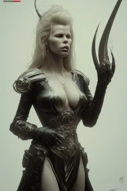 Kim Basinger in black leather gown, evil,energetic, villain, busty, cleavage, curvy, angry, happy, stern look. character design by cory loftis, fenghua zhong, ryohei hase, ismail inceoglu and ruan jia. unreal engine 5, artistic lighting, highly detailed, photorealistic, fantasy