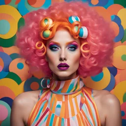 a close up of a woman with orange hair, inspired by David LaChapelle, trending on cg society, pop art, clown makeup and rainbow wig, gigantic tight pink ringlets, high fashion modeling, patchwork doll, with professional makeup, advertising photo, geometric abstract beauty, candy - coated, professional color photography, ad image, shot with Sony Alpha a9 Il and Sony FE 200-600mm f/5.6-6.3 G OSS lens, natural light, hyper realistic photograph, ultra detailed -ar 3:2 -q 2 -s 750