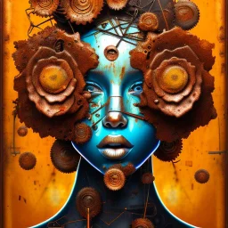 an abstract painting of rusted metal and flowers, afro portrait, rust, scaffolding, iron cladding, decay, mixed media, textured, anatomically correct, beautiful perfect face, sharp focus, highly detailed