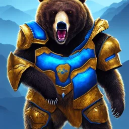 An angry bear in blue and gold armor, background of Inka jungle, high detail, smooth, realistic, digital illustration, Artstation, artgerm,