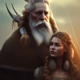 Viking theme, a younger woman sitting next to a 50-year-old man, portrait, 8K, close-up face, anatomically perfect face, Highly detailed stunning full frame portrait, misty and cloudy atmosphere