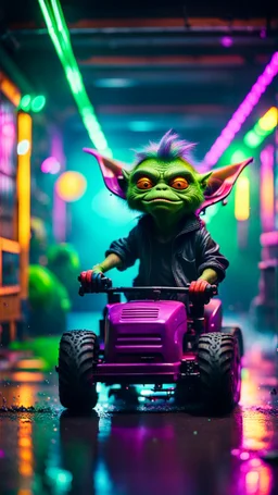 flipped paint brush fuck you portrait of Hairy Gremlin pimp ninja yoga cyber punk in flying hipster lawn mower tractor parked in dark neon lit reflective misty wet arcade hall tunnel,bokeh like f/0.8, tilt-shift lens 8k, high detail, smooth render, down-light, unreal engine, prize winning