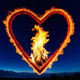 fire in a heart, against a beautiful night sky