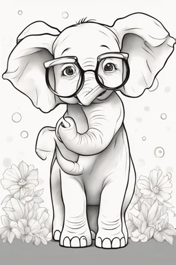 Outline art for cute coloring pages with elephant with glasses, full body, white background, sketch style, only use outline, clean line art, no shadows and clear and well outlined.