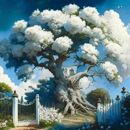 Beautiful summer landscape, old large tree blooming with large white roses, dwarfs house in the tree, white picket fence, rock at the foot, blue sky, clouds, trees, digital painting, very detailed, filigree, high quality, watercolor, artstation trends, sharp focus, studio photo, intricate details, very detailed, author: greg rutkowski