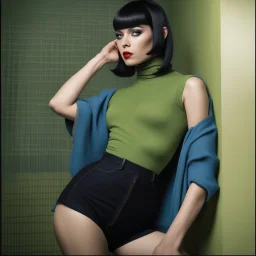 full body portrait -- an absolutely stacked, thin, petite, little female, who resembels Spock, with great big giant bazoombas, short, military-cut, buzz-cut, pixie-cut black hair tapered on the sides, wearing short sleeved, nylon, Turtleneck tube top, blue jean mini shorts, heavy, black fishnet stockings, punk rock styled, platform boots, red lipstick, dark, emo, eye makeup