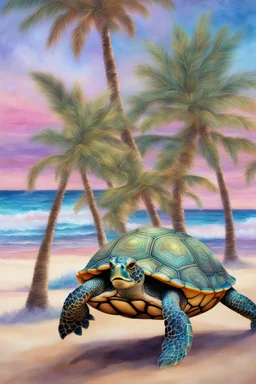 Higly Detailed Iridescent Turtle With Extremely Big Glowing Eyes, On The Beach, Palmtrees, Lively And Playful, Shimmering Swirling Glitter, Strybk Style, Muted Colors, Luminescent, Watercolor Style, Luminism, Soft Background With Swirls, Digital Painting, Highly Detailed, Intricated, Intricated Pose, Clarity, High Quality, Magic Realism, Harmonious Golden Ratio Composition, Burst Of Neutral Colors And Lights, , Watercolor, Trending On Artstation, Sharp Focus, Studio Photo, Intricate Details, Hig