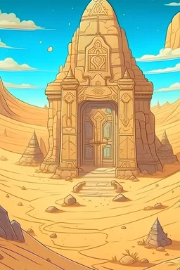 ""Draw a scene of an imaginary desert with six magical doors leading to the world of genies, scattered in between the sands." In anime style