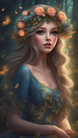 Painting of a beautiful girl, beautiful, haunted forest, flowers on her head, glitter dress, young girl, digital painting, fantasy art, pretty face, inspired by Thomas Kinkade, anime portrait, barbie face, big eyes, bright eyes, dream, trees, forest background, dark night, song, glitters background, fantasy, high quality, 8k